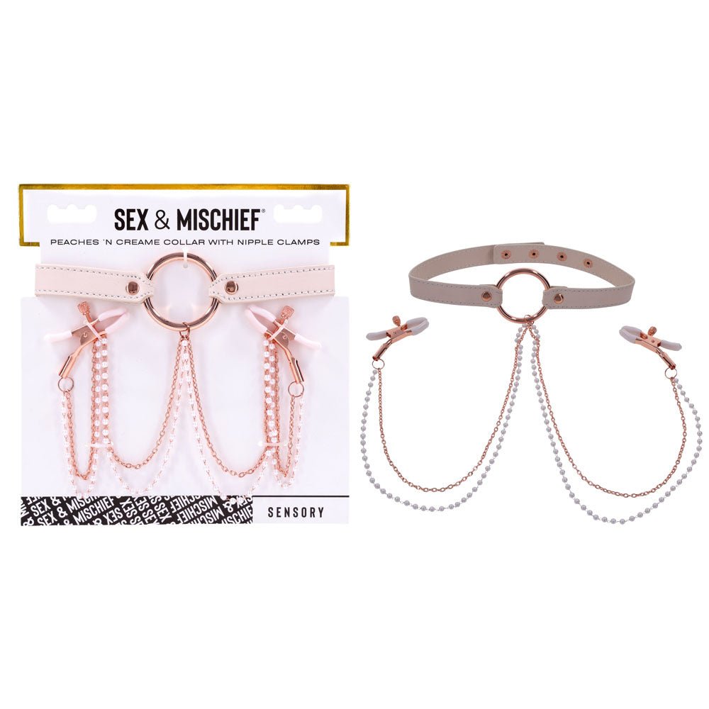 Sex & Mischief Peaches n CreaMe Collar with Nipple Clamps - Peach Nipple Restraints – Sex toys NZ by Naughtyhut. Discreet delivery nationwide.