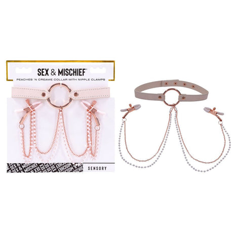 Buy Sex & Mischief Peaches n CreaMe Collar with Nipple Clamps - Peach Nipple Restraints – Naughtyhut NZ sex toys online. Discreet delivery & top brands.
