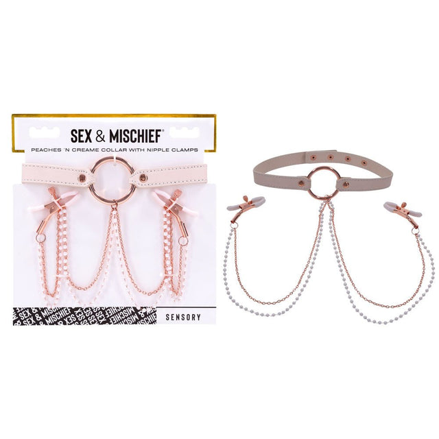 Buy Sex & Mischief Peaches n CreaMe Collar with Nipple Clamps - Peach Nipple Restraints – Naughtyhut NZ sex toys online. Discreet delivery & top brands.