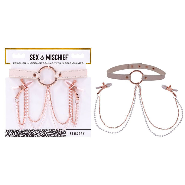Sex & Mischief Peaches n CreaMe Collar with Nipple Clamps - Peach Nipple Restraints – Sex toys NZ by Naughtyhut. Discreet delivery nationwide.