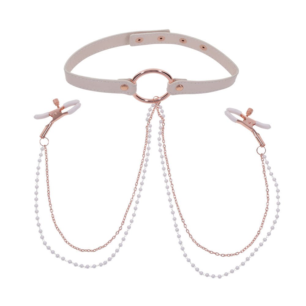 Buy Sex & Mischief Peaches n CreaMe Collar with Nipple Clamps - Peach Nipple Restraints – Naughtyhut NZ sex toys online. Discreet delivery & top brands.