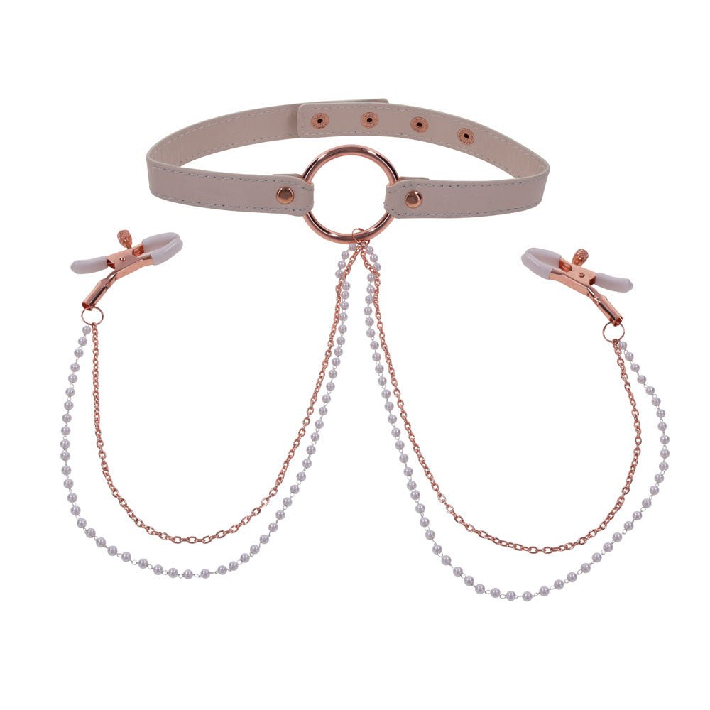 Buy Sex & Mischief Peaches n CreaMe Collar with Nipple Clamps - Peach Nipple Restraints – Naughtyhut NZ sex toys online. Discreet delivery & top brands.