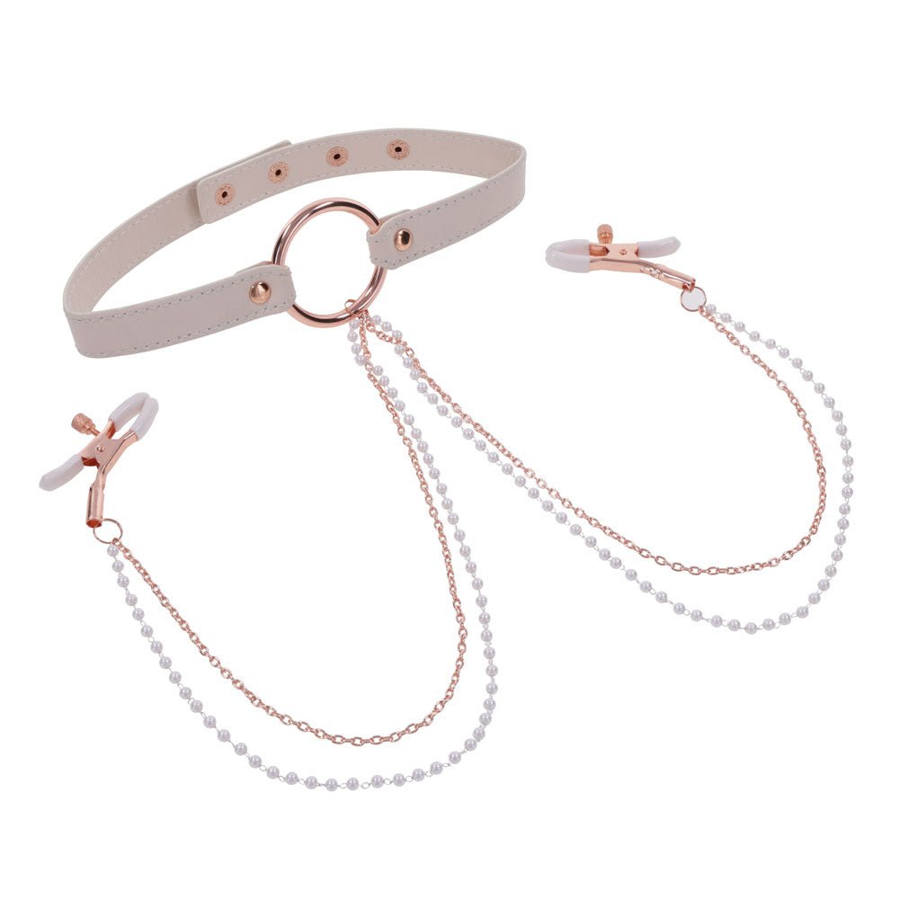 Sex & Mischief Peaches n CreaMe Collar with Nipple Clamps - Peach Nipple Restraints – Sex toys NZ by Naughtyhut. Discreet delivery nationwide.