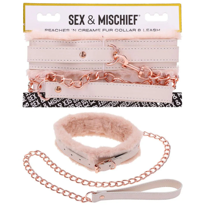 Sex & Mischief Peaches 'n Creame Fur Collar & Leash on its card, collar and chain below