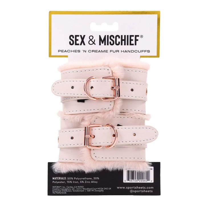 Back of the Peaches 'n Creame Fur Handcuffs card listing materials