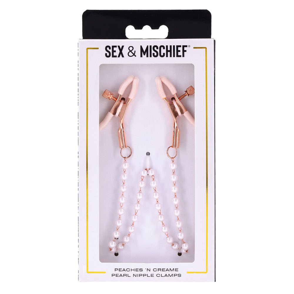 Buy Sex & Mischief Peaches n CreaMe Pearl Nipple Clamps - Peach Nipple Restraints – Naughtyhut NZ sex toys online. Discreet delivery & top brands.