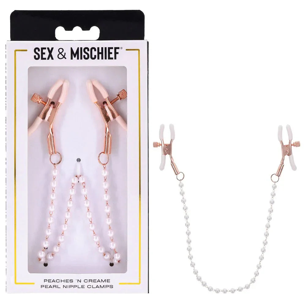 Sex & Mischief Peaches 'n Creame Pearl Nipple Clamps box beside the pearl-chained clamps