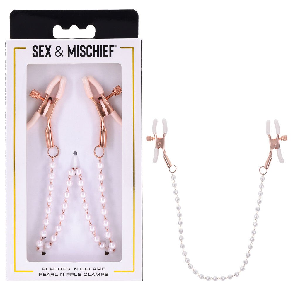 Buy Sex & Mischief Peaches n CreaMe Pearl Nipple Clamps - Peach Nipple Restraints – Naughtyhut NZ sex toys online. Discreet delivery & top brands.