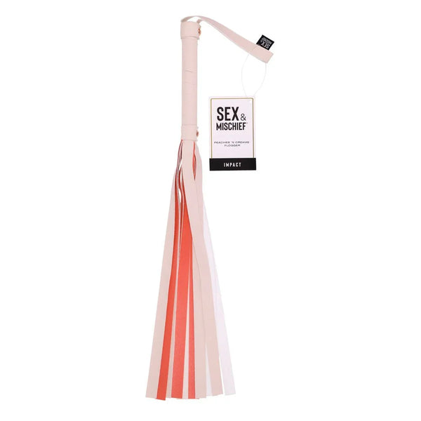 Sex & Mischief Peaches 'n Creame Stripe Flogger hanging by its tag, peach and coral falls