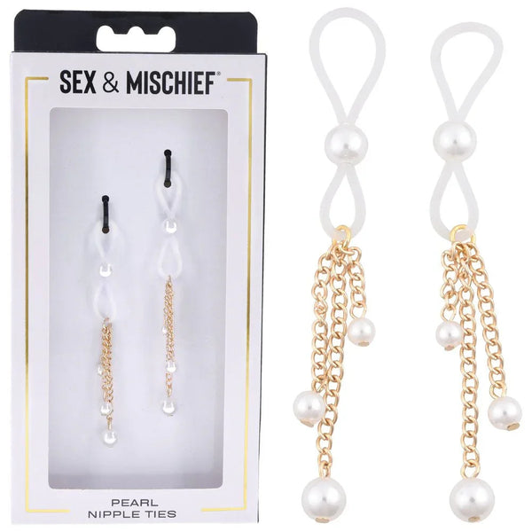 Sex & Mischief Pearl Nipple Ties - Gold/Pearl Nipple Restraints - Set of 2 – Sex toys NZ by Naughtyhut. Discreet delivery nationwide.
