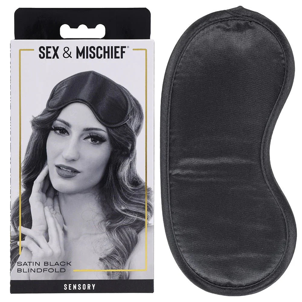 Sex & Mischief Satin Black Blindfold box beside the black satin mask