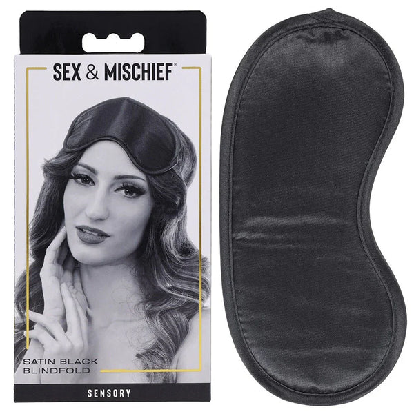 Sex & Mischief Satin Black Blindfold box beside the black satin mask