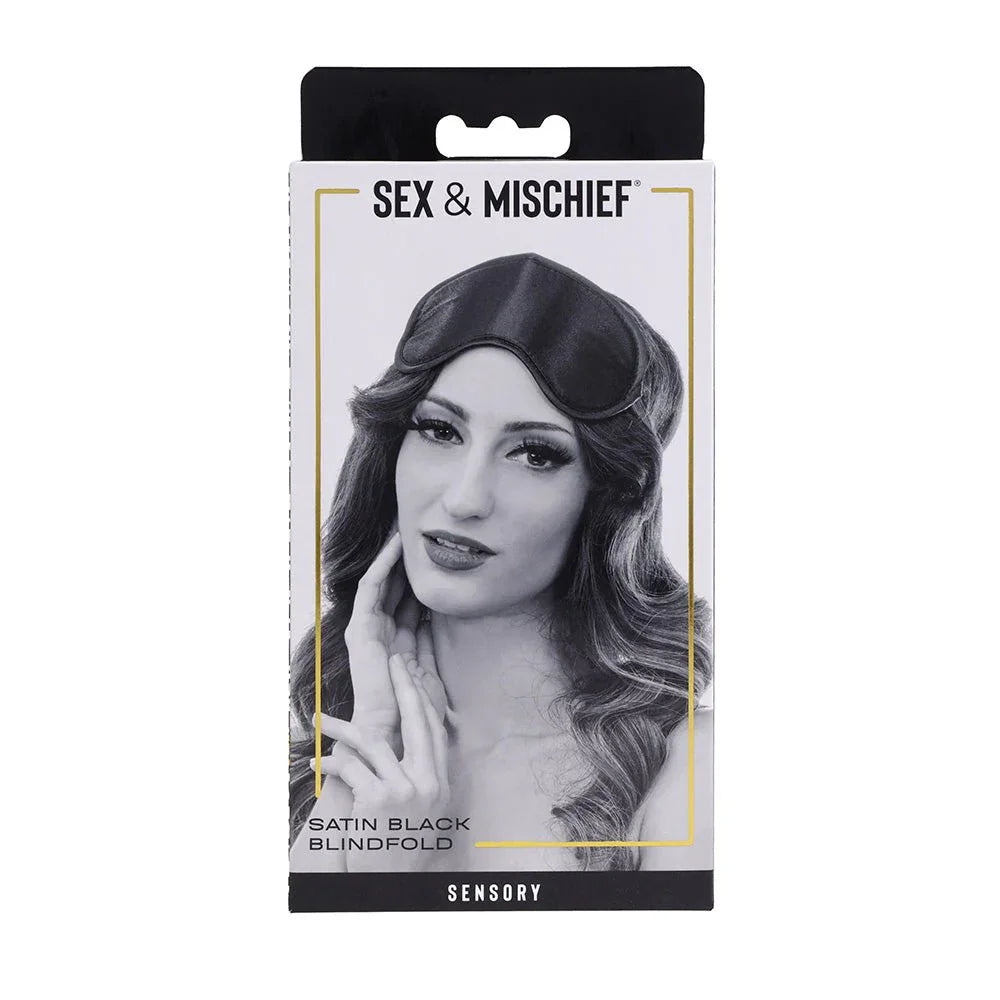 Sex & Mischief Satin Black Blindfold retail box, front of pack