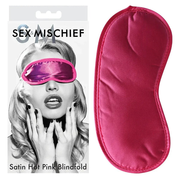 Sex & Mischief Satin Hot Pink Blindfold on its card, beside the pink satin mask