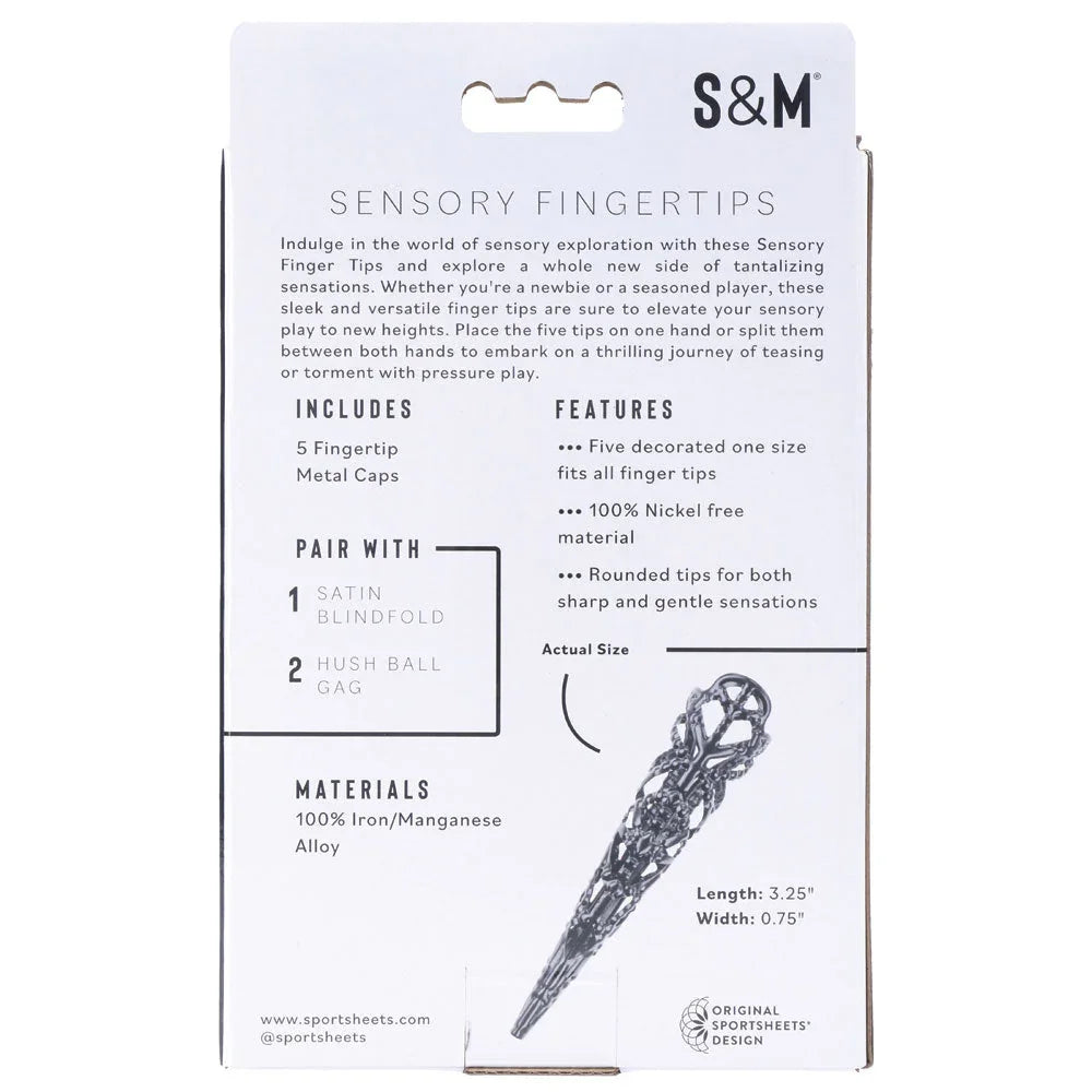 Back of the Sensory Fingertips box with features and an actual-size guide