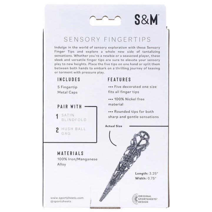 Back of the Sensory Fingertips box with features and an actual-size guide