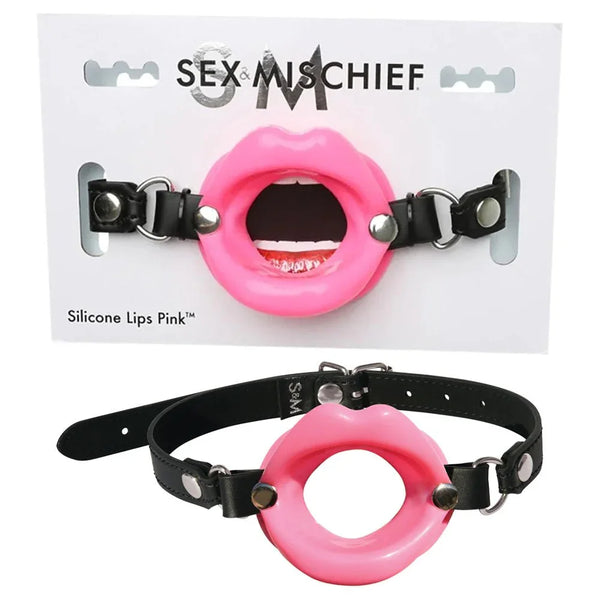 Sex & Mischief Silicone Lips Mouth Gag on its card, pink lips on a black strap