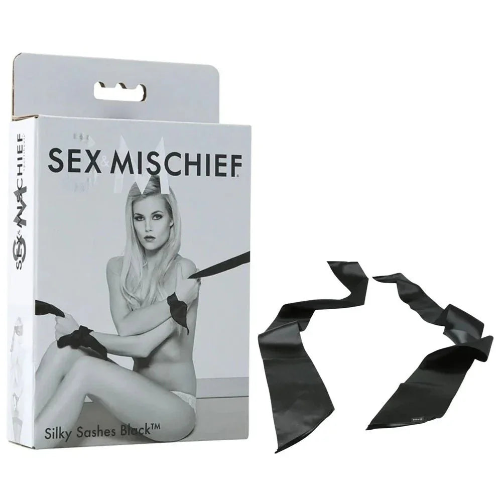 Sex & Mischief Silky Sashes Black box beside the two black satin sashes