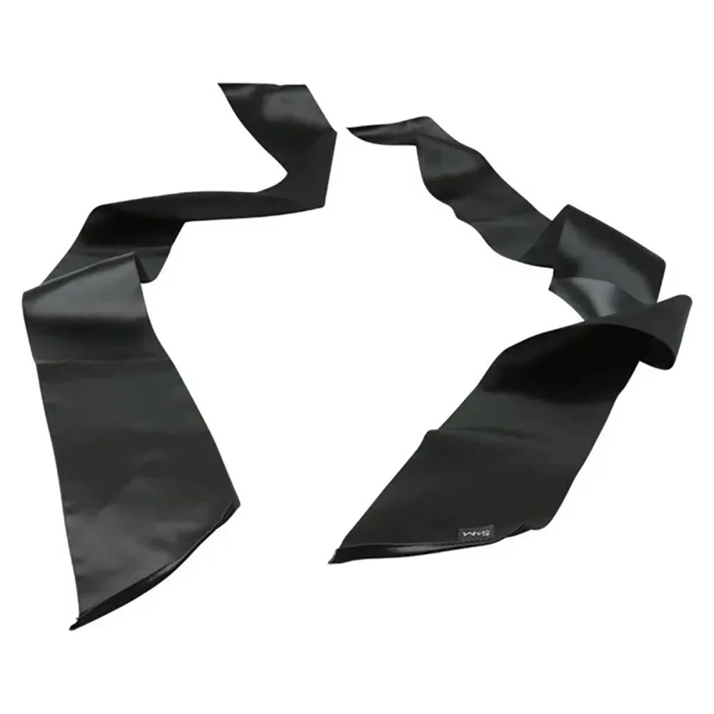 Two black satin Silky Sashes laid out and twisted on white