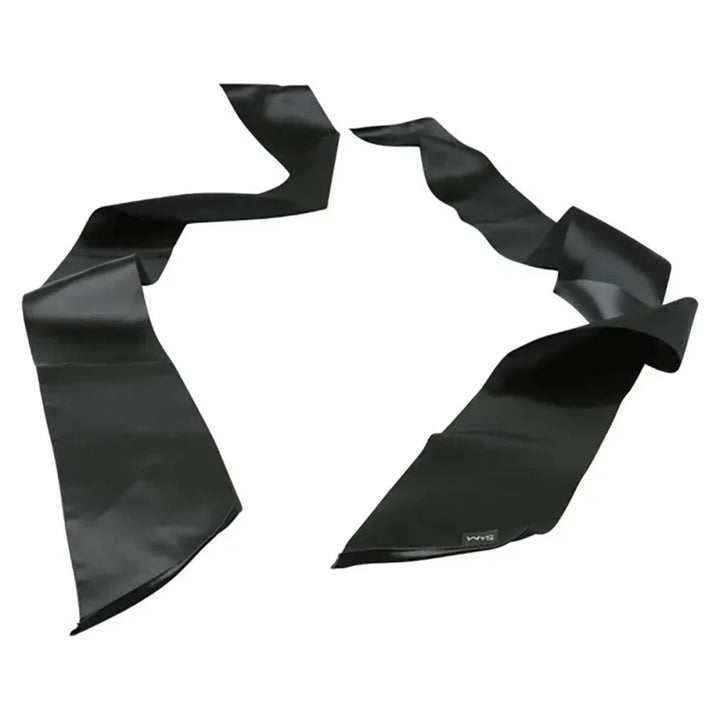 Two black satin Silky Sashes laid out and twisted on white