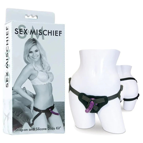 Sex & Mischief Strap - On & Silicone Dildo Kit - Black/Purple Adjustable Strap - On – Sex toys NZ by Naughtyhut. Discreet delivery nationwide.