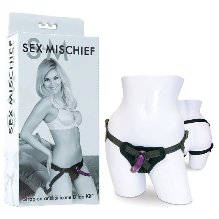 Sex & Mischief Strap - On & Silicone Dildo Kit - Black/Purple Adjustable Strap - On – Sex toys NZ by Naughtyhut. Discreet delivery nationwide.