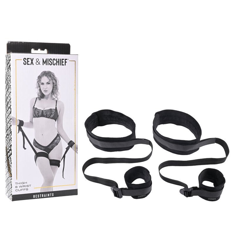 Sex & Mischief Thigh & Wrist Cuffs - Black Restraints – Sex toys NZ by Naughtyhut. Discreet delivery nationwide.