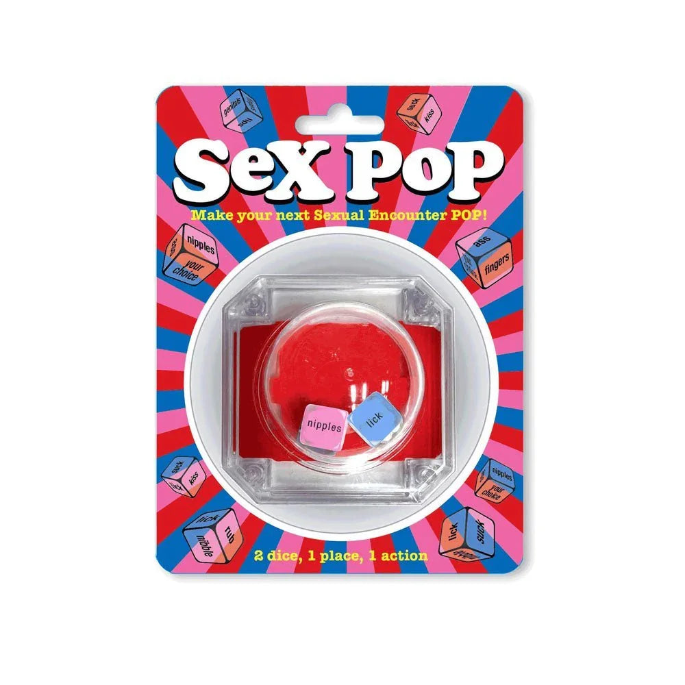 Sex Pop dice game on its red and blue blister card, popper dome with two dice