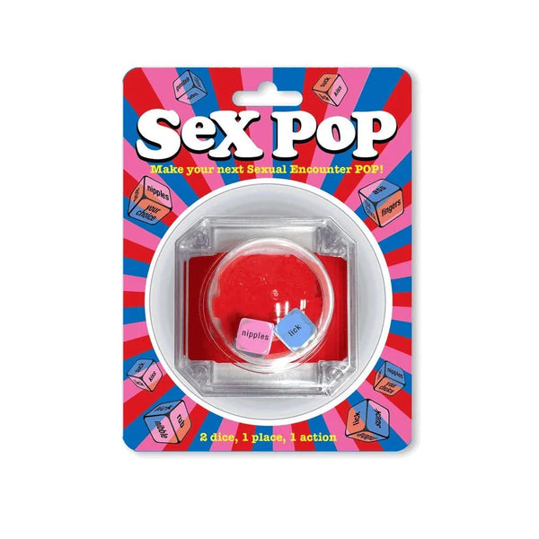 Sex Pop dice game on its red and blue blister card, popper dome with two dice