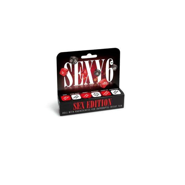 Sexy 6 dice game, Sex Edition, red and white dice in the black hanging pack