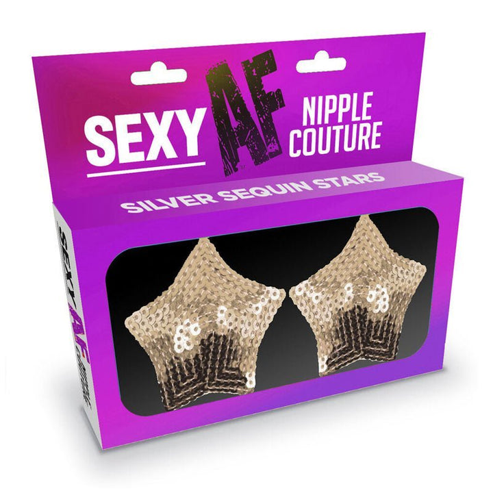 Sexy AF - Nipple Couture Silver Stars - Silver Sequin Reusable Nipple Pasties – Sex toys NZ by Naughtyhut. Discreet delivery nationwide.