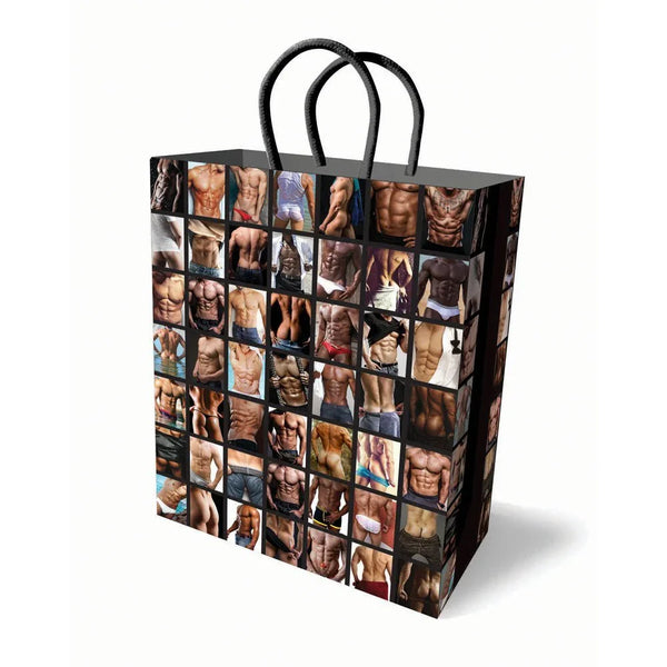 Sexy Guys novelty gift bag printed with a grid of male torso photos, black handles