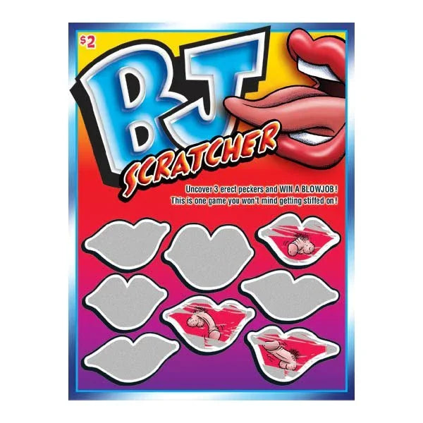 BJ Scratcher novelty scratch card with lip-shaped panels