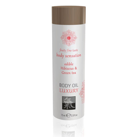 Buy SHIATSU Edible Body Oil - Luxury - Hibiscus & Green Tea Flavoured - 75 ml – Naughtyhut NZ sex toys online. Discreet delivery & top brands.