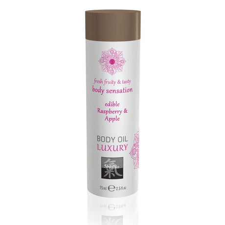 Buy SHIATSU Edible Body Oil - Luxury - Raspberry & Apple Flavoured - 75 ml – Naughtyhut NZ sex toys online. Discreet delivery & top brands.