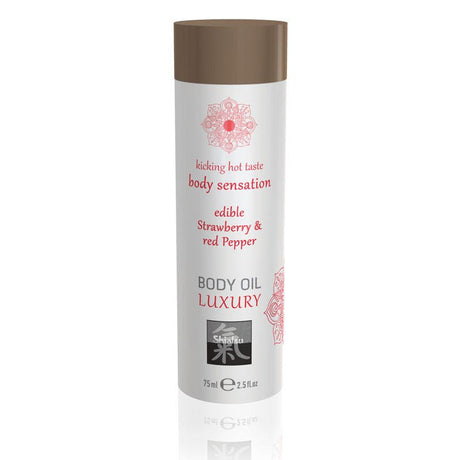 Buy SHIATSU Edible Body Oil Luxury - Strawberry & Red Pepper Flavoured - 75 ml – Naughtyhut NZ sex toys online. Discreet delivery & top brands.