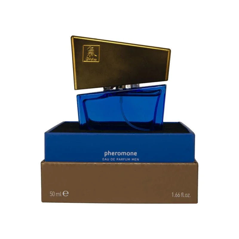 Blue pheromone eau de parfum for men, 50 ml, with gold cap on display box