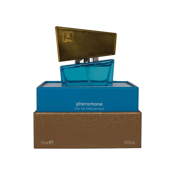Blue bottle of pheromone eau de parfum for men with gold cap on box, 15ml size