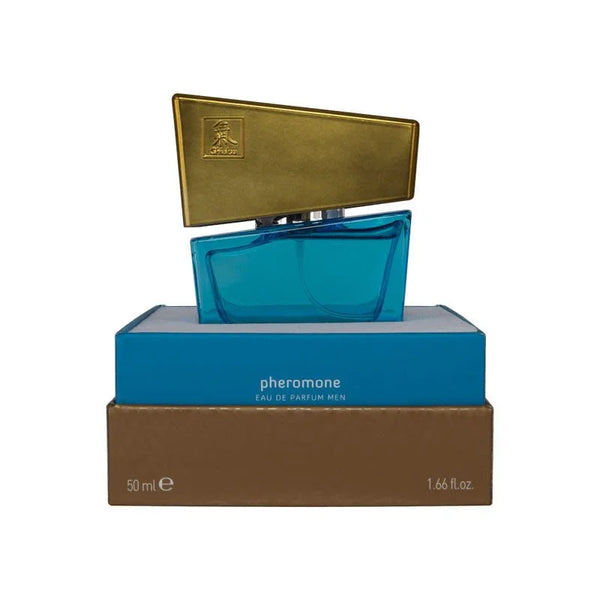 Men's pheromone eau de parfum with angular gold cap, blue bottle and matching packaging, 50ml
