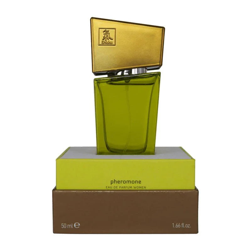 Pheromone eau de parfum for women 50 ml in green and gold bottle on product box