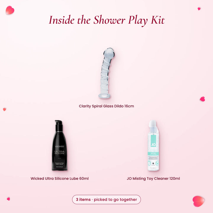 Inside the Shower Play Kit: Clarity spiral glass dildo, Wicked Ultra silicone lube 60ml and JO misting toy cleaner