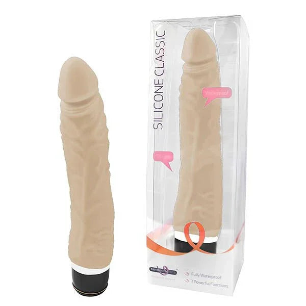 Realistic silicone vibrator in beige with veined texture, shown next to clear product packaging.