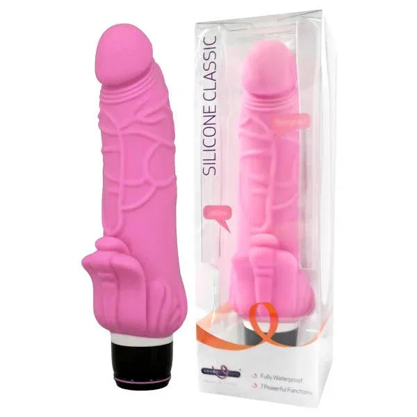 Pink silicone classic 19cm vibrator with realistic texture, shown beside retail packaging.