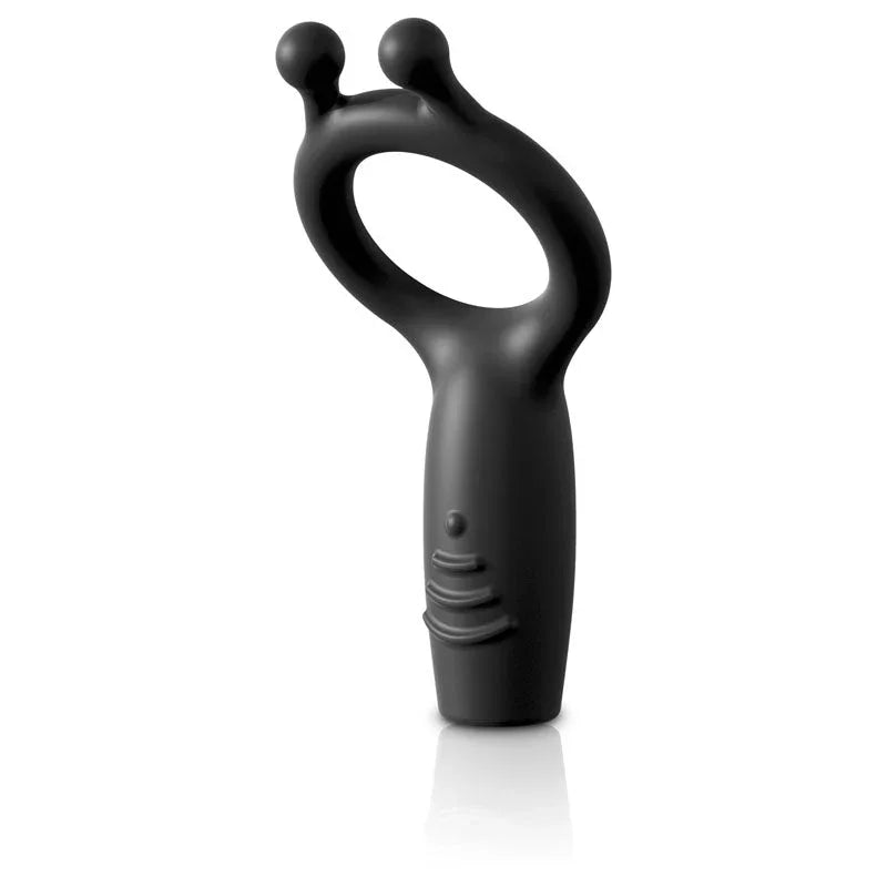 Sir Richard's Super C-Ring in Grey standing alone, ring with two nubs and a vibrating handle