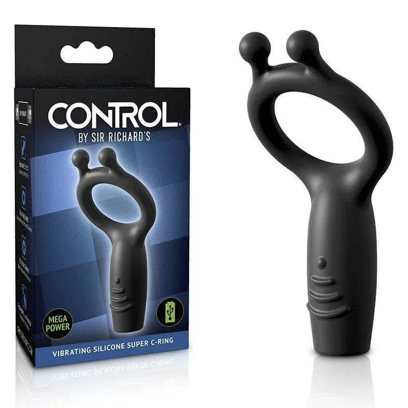 Sir Richard's Control vibrating silicone Super C-Ring in Grey beside its Control box