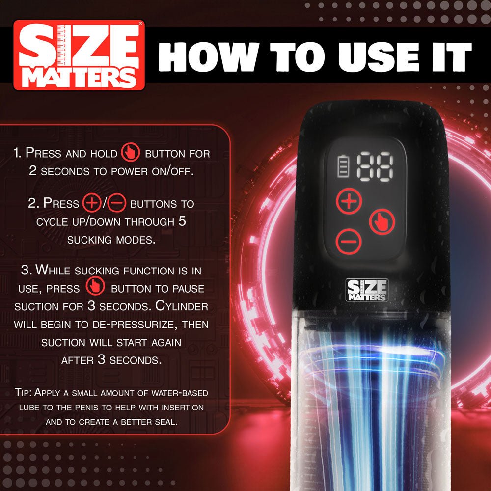 Buy Size Matters Sucking Penis Pump - Clear USB Rechargeable Penis Pump – Naughtyhut NZ sex toys online. Discreet delivery & top brands.