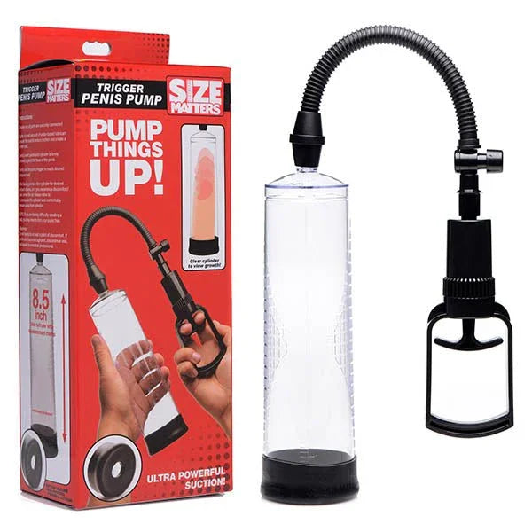Size Matters Trigger Penis Pump in Clear, cylinder and trigger handle beside its red retail box