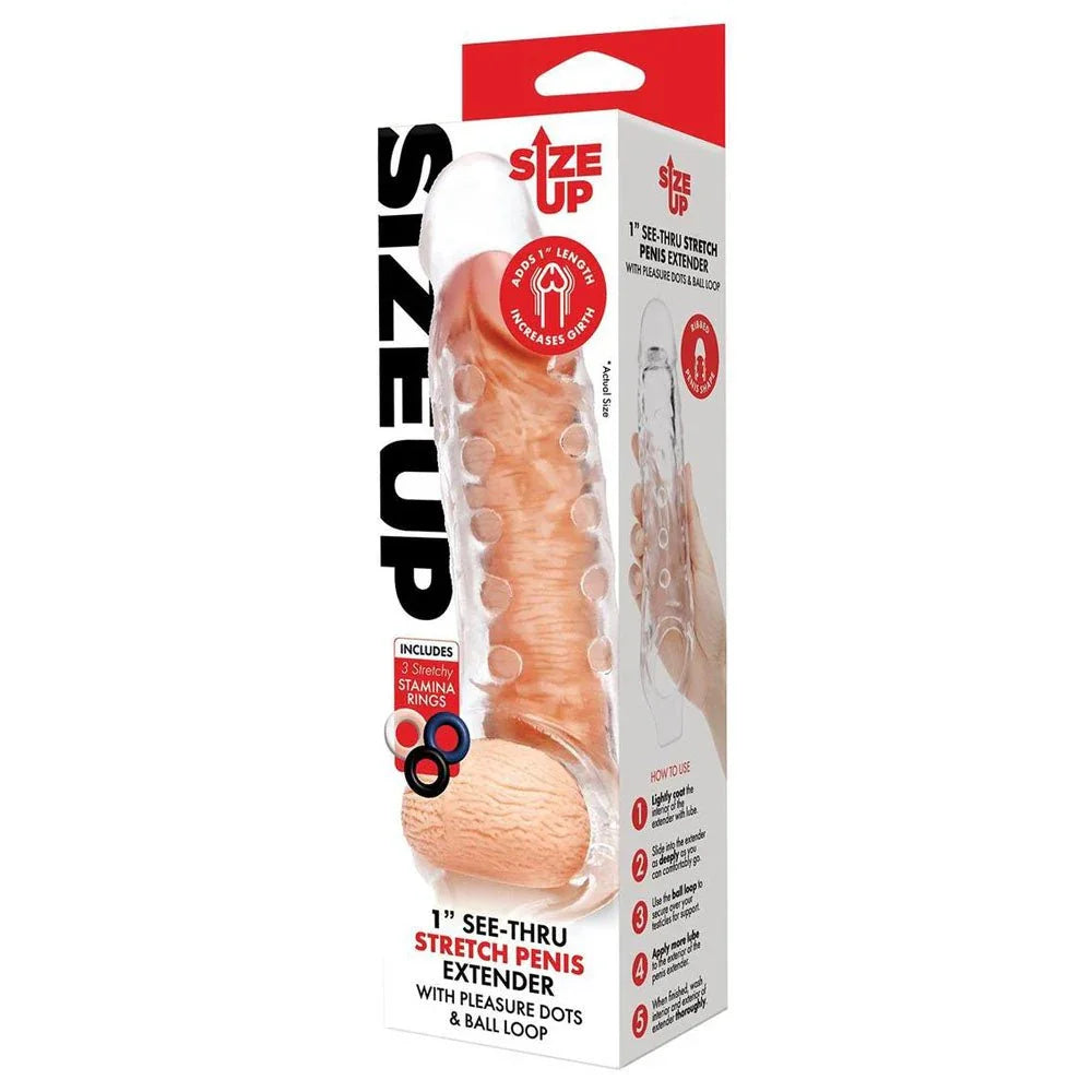 Size Up 1 Inch See-Thru Penis Extender retail box alone, red and white panel