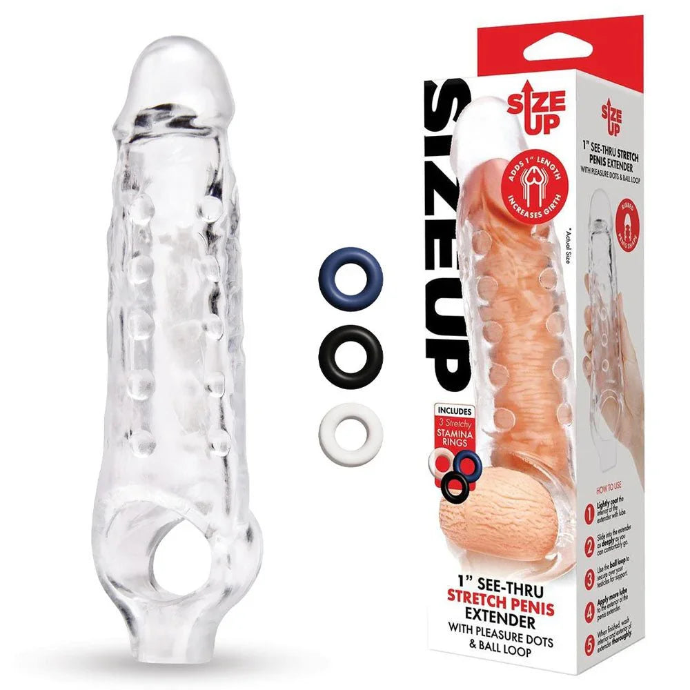 Size Up 1 Inch See-Thru Penis Extender in Clear with three stamina rings and its box