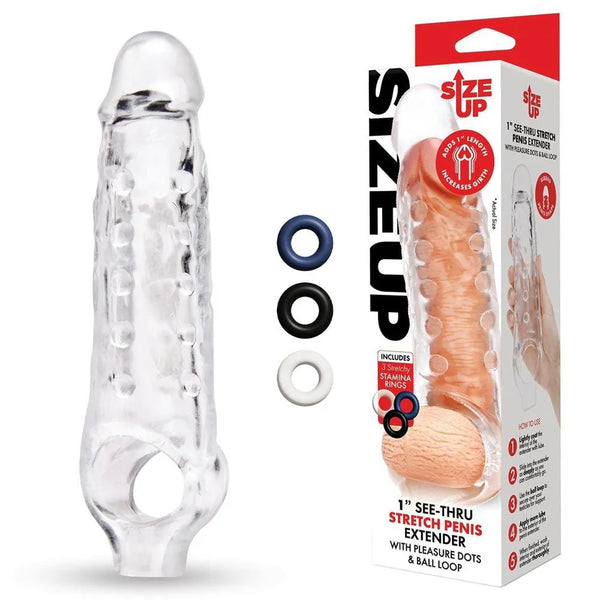 Size Up 1 Inch See-Thru Penis Extender in Clear with three stamina rings and its box